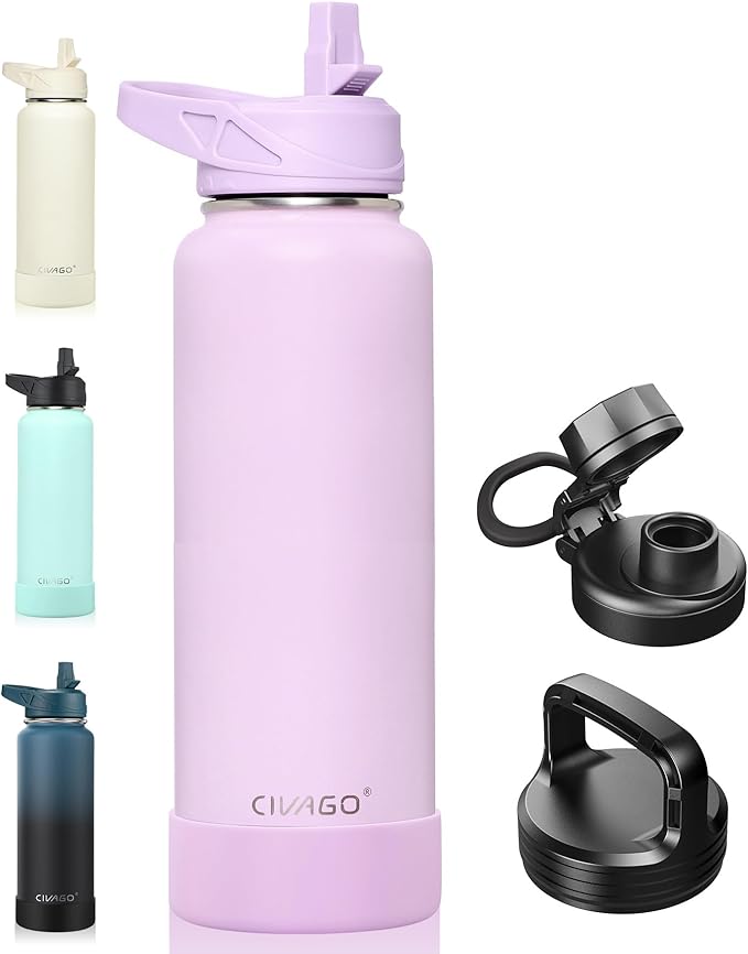 CIVAGO 40 oz Insulated Water Bottle With Straw, Stainless Steel Sports Water Flask Cup with 3 Lids (Straw, Spout and Handle Lid), Double Walled Travel Thermal Canteen Mug, Lavender