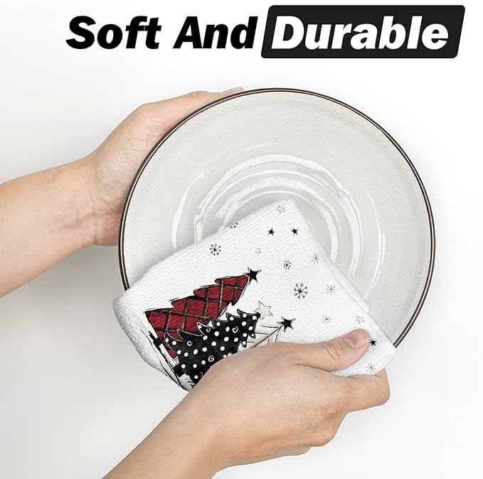 Artoid Mode Red Black Buffalo Plaid Snowman Xmas Trees Christmas Kitchen Towels Dish Towels, 10x10 Inch Daily Seasonal Winter Decoration Hand Towels Set of 4