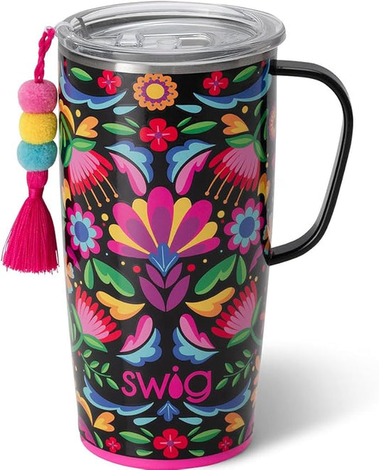 Swig Life Stainless Steel 22oz Travel Mug, Insulated Tumbler with Handle and Lid, Cup Holder Friendly, Dishwasher Safe, Caliente
