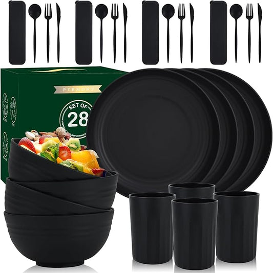 28-Piece Wheat Straw Dinnerware Sets, Microwave & Dishwasher Safe Unbreakable Dinnerware Set, Reusable Dishware Sets, Lightweight Camping Dishes, Plates, Cups, Cereal Bowls for 4（Black）