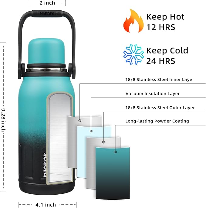 BJPKPK Insulated Thermal Water Bottle with Handle and Lid 40oz Stainless Steel Water Bottles for Cold and Hot Beverages,TealBlack