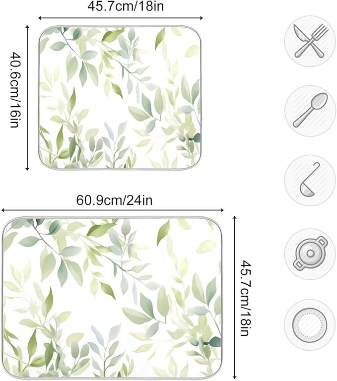 Sage Green Leaves Dish Drying Mat for Kitchen Counter Super Absorbent Dishes Pad Reversible Microfiber Protector Dish Draining Mats 16x18 inch