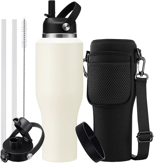 40 OZ Water-Bottle Fit Car Cup-Holder - Double Wall Vacuum Insulated Thermal with Lid and Straw, Stainless Steel Cup 40oz with Carrying Case, for Travel Drive