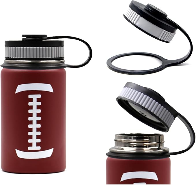 12 oz Football Water Bottle, Metal Sports Flask Thermo Travel Tumbler with 2 Lids, Stainless Steel Double Wall Vacuum Insulated Leak Proof Water Bottles, Football Accessories Gifts for Mom Boys Girls