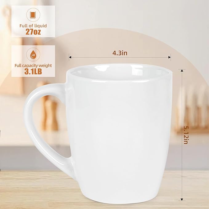 27OZ Extra Large Ceramic Coffee Mug, Jumbo Coffee Mugs, Big Tea Cups with a Large Handle for Office and Home set of 2 (White)