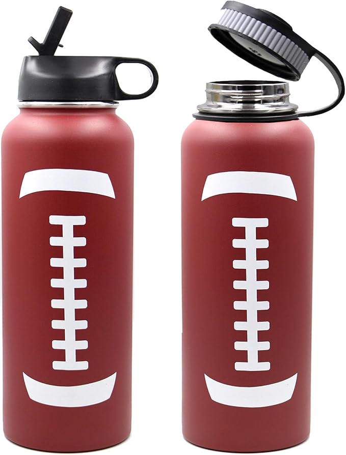 40 oz Football Water Bottle, Metal Thermo Travel Tumbler Sports Flask with 2 Lids, Stainless Steel Double Wall Vacuum Leak Proof Insulated Water Jug, Football Accessories Gifts for Mom Men Boys Girls