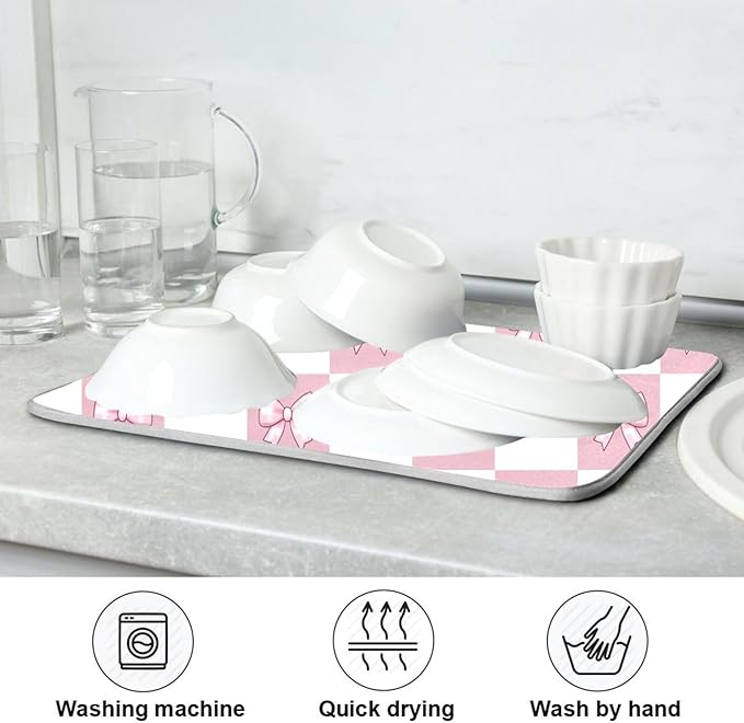 Pink White Bow Checkered Dish Drying Mat for Kitchen Counter Absorbent Dish Drainer Mats Drying Pads 18"x24"