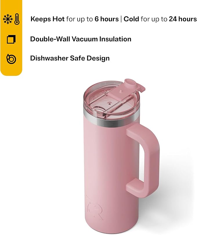 RTIC 20oz Road Trip Travel Mug with Lid and Handle, Ceramic Lined, Insulated, Stainless Steel, Metal, Double Wall Vacuum-Insulation, Portable Coffee, Tea Cup for Hot and Cold Drink, Dusty Rose