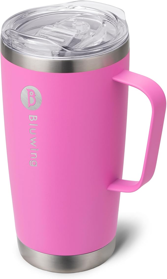 20 oz Insulated Tumbler with Handle Stainless Steel Travel Coffee Mug with Lid and Straw, Double Wall Tumbler Cups for Women and Men, BPA Free (Hot Pink)