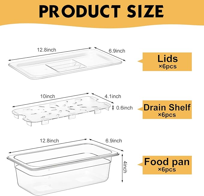 Sunnyray 6 Set 1/3 Size Polycarbonate Food Pans with Lids and Drain Shelf Clear Square Food Storage Containers for Kitchen Restaurant Fruit Vegetable Food Container and Storage (4 Inch Deep)