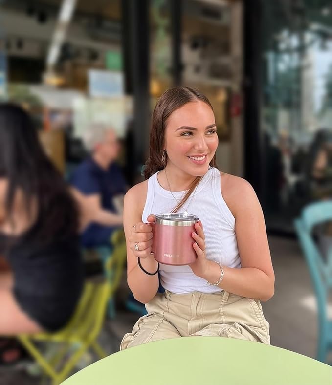 CHILLOUT LIFE Stainless Steel 16 oz (Set of 2) - Vacuum Insulated Coffee Mug with Handle and Lid, Large Thermal Camping Coffee Mug Cup with Durable Sliding Lid for Women - Rose Gold