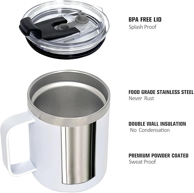 1pack 12oz Coffee Mug With Handle Bulk, Stainless Steel Insulated Travel Tumblers With,Double Wall Vacuum Camping Cup for Hot & Cold Drinks Tea (white)