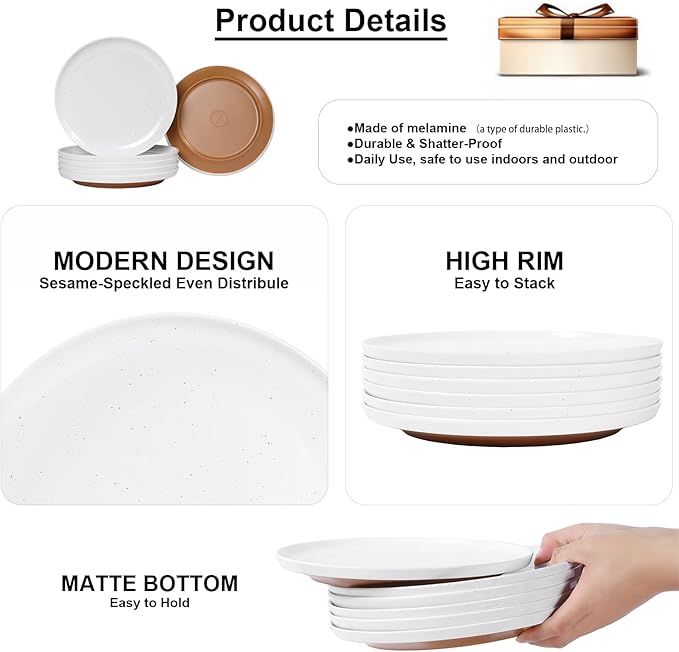 Webbylee 10.25" Melamine Dinner Plates Set of 6 - Durable Serving Dishes Perfect for Kitchen Outdoor Use, Dishwasher Safe,Scratch Resistant-White & Brown