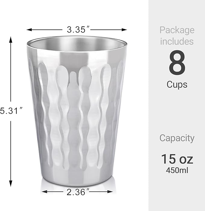 Beasea Stainless Steel Cups 15 oz, 8 Pack Large Stackable Stainless Steel Tumbler Bulk Double Wall Insulated Metal Pint Glasses Tin Cups for Drinking Home Restaurant Office Party Camping