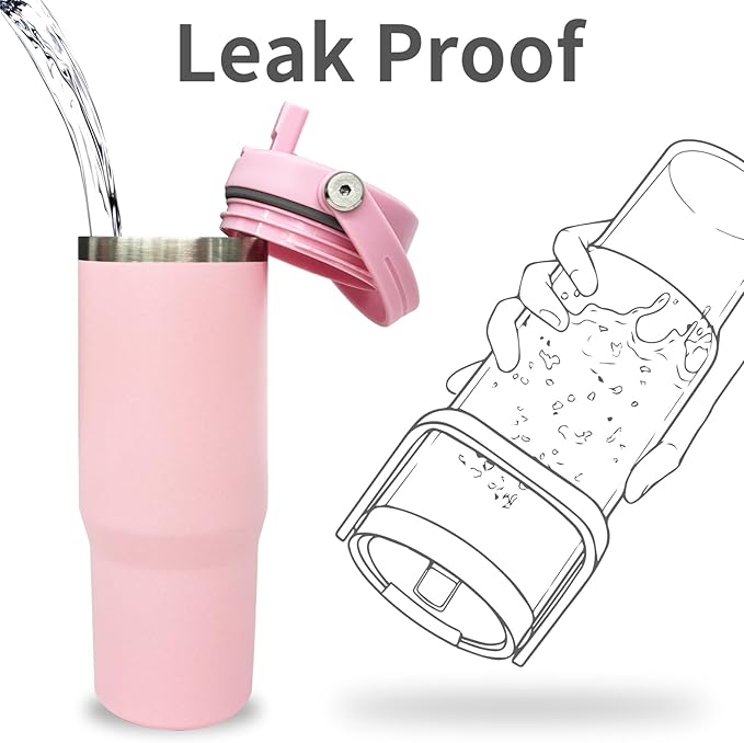 30 oz Tumbler with Top Handle, Double Wall Vacuum Insulated Tumbler with Flip Straw, Travel Coffee Mug 30oz Powder Coated Cup for Laser Engraving (Pink,1 pack)