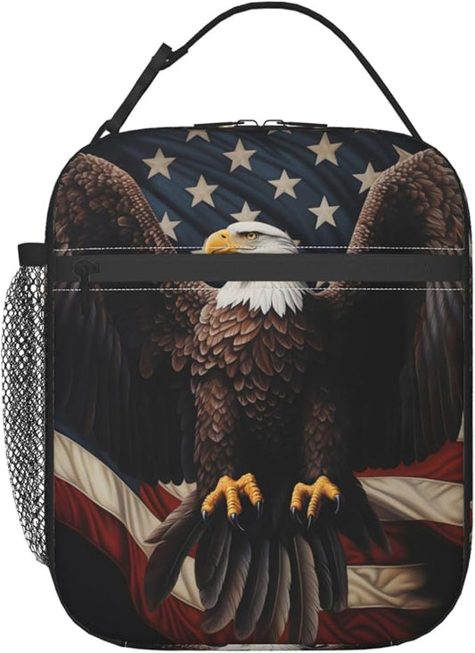 Reusable Patriotic Eagle Lunch Box for Kids, Insulated American Flag Bag,Polyester Cooler Big Bird Lovers Handbags Case for School Picnic Work Travel Beach or Hiking, Gifts