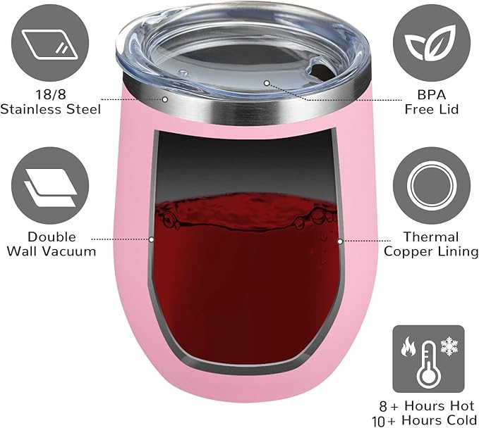 MEWAY Stemless 12oz Wine Tumbler Glasses with Lid -Insulated Double Wall Vacuum Stainless Steel Travel Tumbler with Straw,for Woman Under 10 dollars (Pink,1)