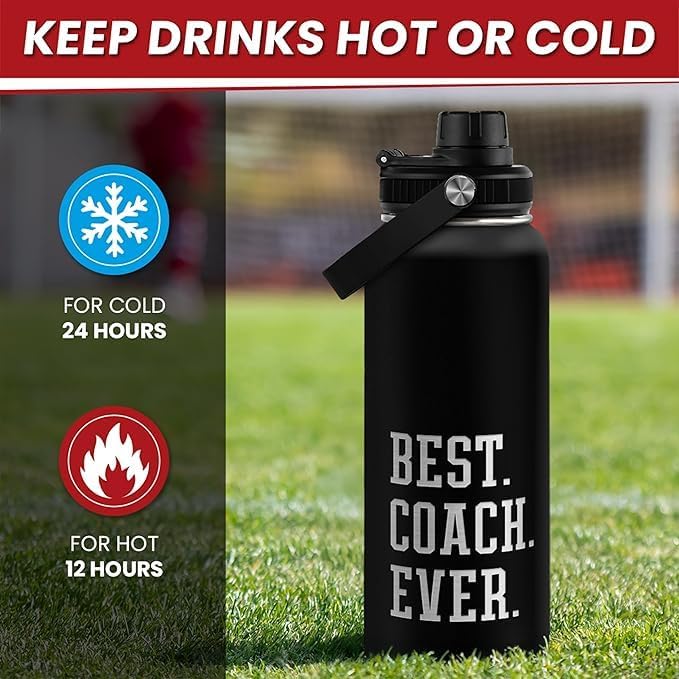 Sport Coach Insulated Engraved Stainless Steel Water Bottle 32oz, Best Coach Ever, Vacuum Chug Lid Travel Tumbler For Men Friends Coaches, Gift for Birthday Christmas