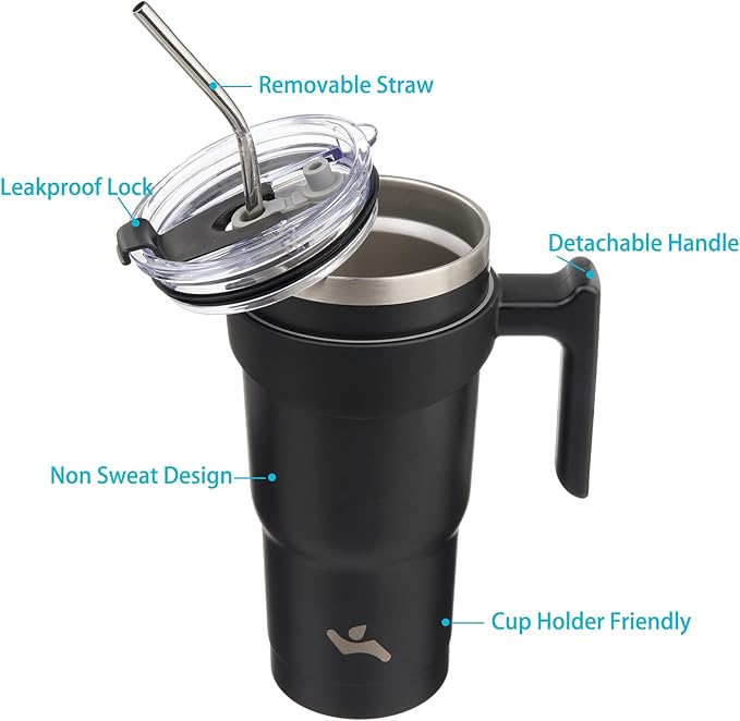 20 oz Tumbler with Handle and 2 Straw 2 Lid, Insulated Water Bottle Stainless Steel Vacuum Cup Reusable Travel Mug,Black