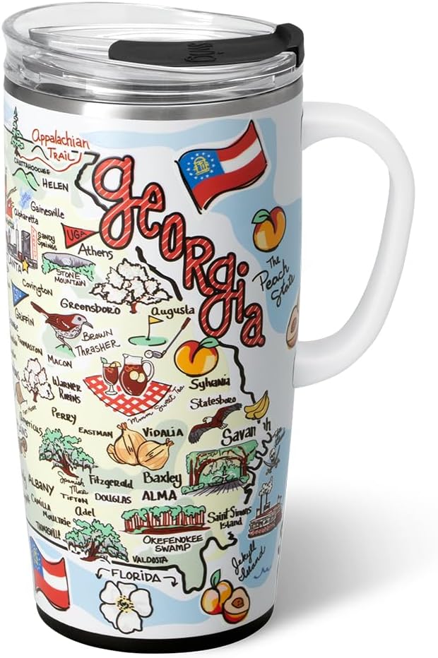 Swig Life 22oz Travel Mug, Insulated Tumbler with Handle and Lid, Travel Coffee Mug, Cup Holder Friendly, Stainless Steel 22 oz Tumbler, Reusable Insulated with Lid (Georgia)