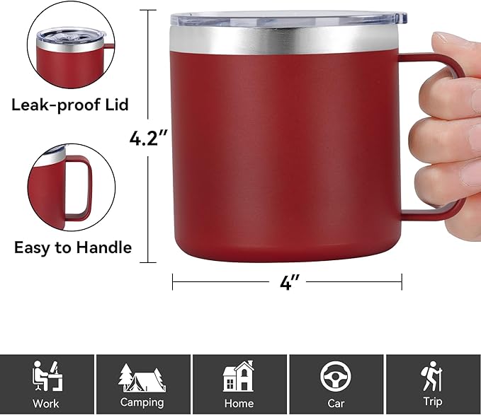 VEGOND 14 oz Insulated Coffee Mug Bulk with Handle, Stainless Steel Travel Coffee Mug with Lid, Double Wall Vacuum Metal Coffee Cup, Coffee Tumbler Powder Coated, Red 4 Pack