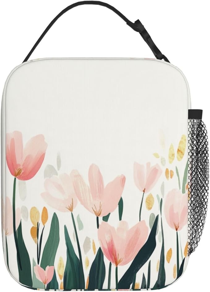 SUPLUCHOM Lunch Bag Tulip Flower Watercolor Insulated Bento Box Cooler with Side Pocket for Girl Boy Women Men Work School Picnic Hiking Daytrip