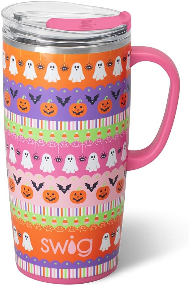 Swig Life 22oz Travel Mug, Halloween Insulated Tumbler with Handle and Lid, Travel Coffee Mug, Cup Holder Friendly, Stainless Steel 22 oz Tumbler, Reusable Insulated with Lid (Trick or Treat)