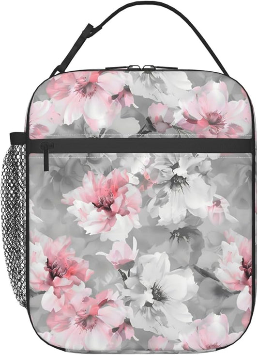 Reusable Floral Lunch Box for Kids Girls Boys Women Adult, Insulated Pink and White Flower Lunch Bag,Polyester Cooler Art Handbags Case for School Picnic Work Travel Beach or Hiking (Gray)