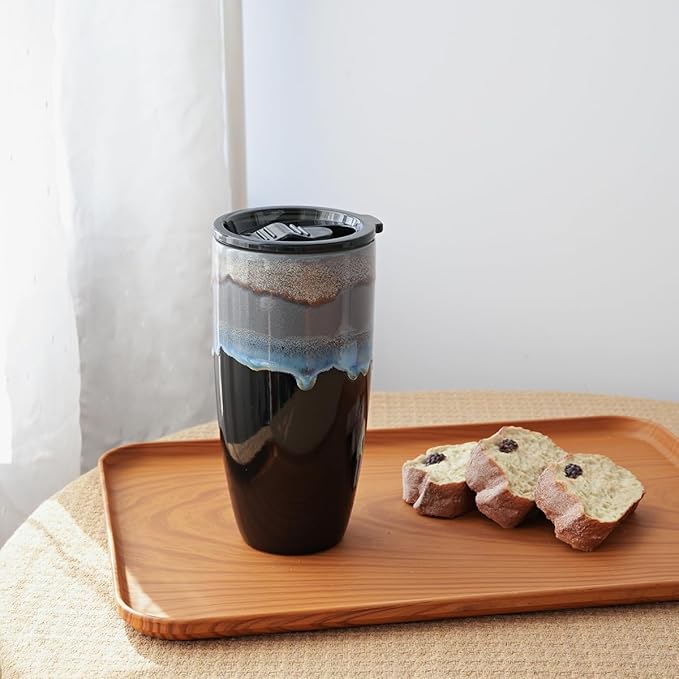 Bosmarlin Ceramic Travel Coffee Mug with Lid, 21 oz, Portable Coffee Cup for Car Cup Holder, Microwave and Dishwasher Safe, Reactive Glaze