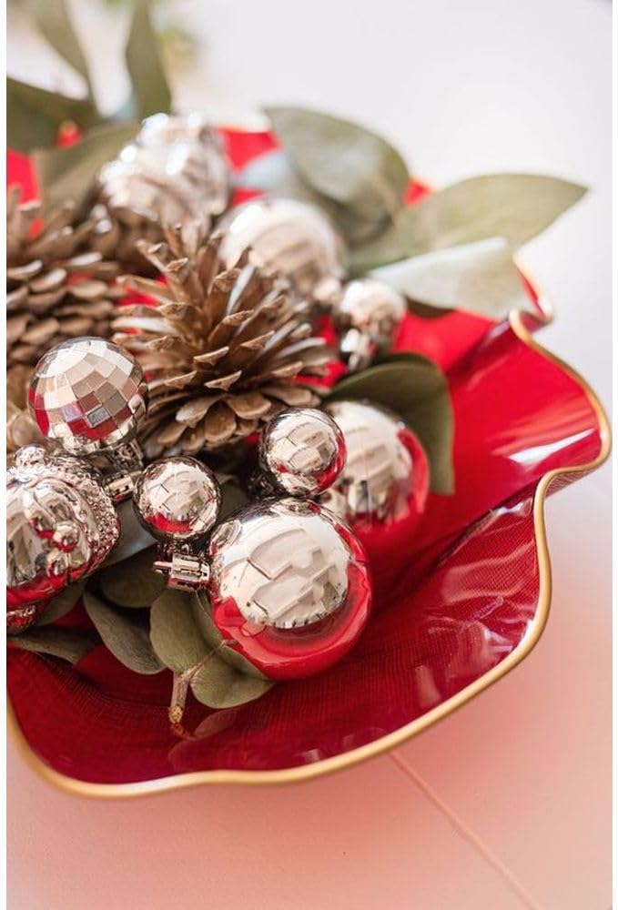 Vietri Holiday Glass Small Ruffled Bowl, 9.5"D Red/Gold Decorative Christmas Serving/Mixing Dish