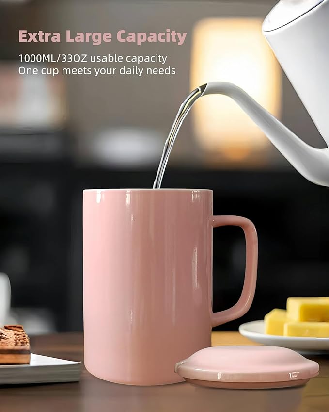 33 Ounce Coffee Mug, Extra Large Super Ceramic Mugs with Lid and Handle, Oversized Cups Big Tea Cup for Office and Home (Pink)