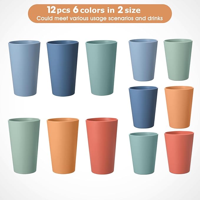 Set of 12 Wheat Straw Cups, 6 Pcs 20 oz & 6 Pcs 12 oz Unbreakable Drinking Cups, Reusable Plastic Cups Sets, Water Glasses Tumblers, Microwave & Dishwasher Safe, Bpa Free, 6 Colors
