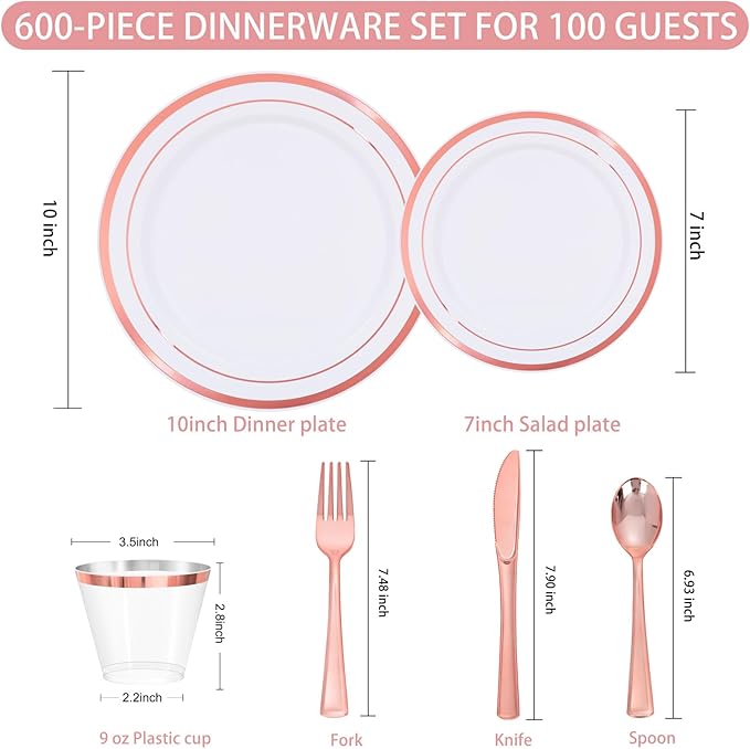 WELLIFE 600 PCS Rose Gold Disposable Dinnerware Set for 100 Guests, Valentine's Day Plate, 100 Each-Dinner & Salad Plates, Cups, Forks Knives Spoons for Wedding Reception and Mothers Day Plates