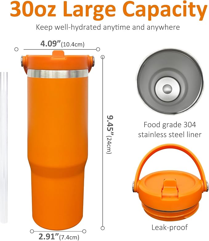 30 oz Tumbler with Handle, Double Wall Vacuum Insulated Tumblers with Flip Straw, Coffee Mug 30oz Powder Coated Cup for Hot and Cold Drinks(Orange,8 pack)