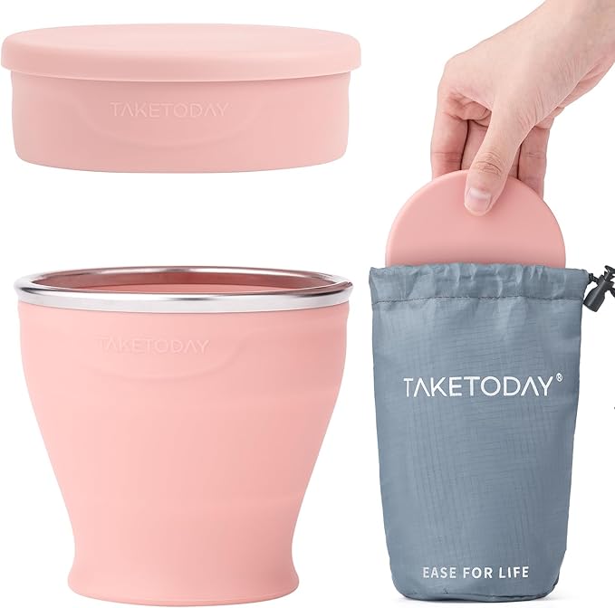 TakeToday Collapsible Travel Cup - Silicone Foldable Water Cup, BPA-Free with Lid & Waterproof Bag - Drinking Cup Set for Camping, Outdoors & International Travel（8 Oz, Lowcountry Peach）