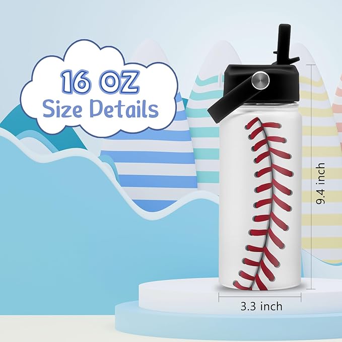 Baseball Gifts for Baseball Lovers Players Fan, 16 oz Water Bottle with Straw Lid, Sport Travel Stainless Steel Insulated Tumbler, Birthday Christmas Gifts