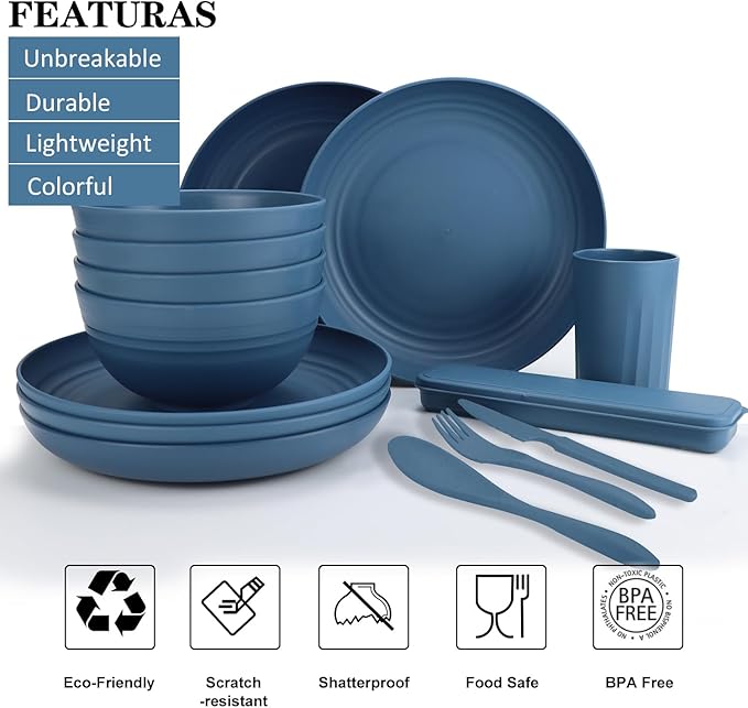 28-Piece Wheat Straw Dinnerware Sets, Microwave & Dishwasher Safe Unbreakable Dinnerware Set, Reusable Dishware Sets, Lightweight Camping Dishes, Plates, Cups, Cereal Bowls for 4 (Navy Blue)