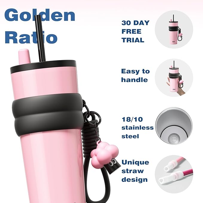 24 oz Stainless Steel Tumbler with Lid and Straw, Insulated Water Bottle Leak Proof for Hot and Cold, Portable Travel Coffee Mug, Reusable Coffee Cup for Women, Pink