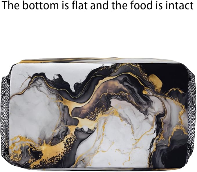 Black Gold White Marble Pattern Lunch Bag for Women Men Cute Large Capacity Thermal Lunch Tote Reusable Washable with Adjustable Shoulder Strap and Dual Large Mesh Side Pockets