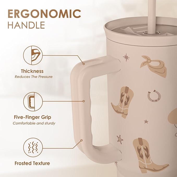Cowgirl Tumbler 40oz for Women Girls – Stainless Steel Travel Coffee Mug Cup with Handle and Straw, Gift for Birthday Christmas