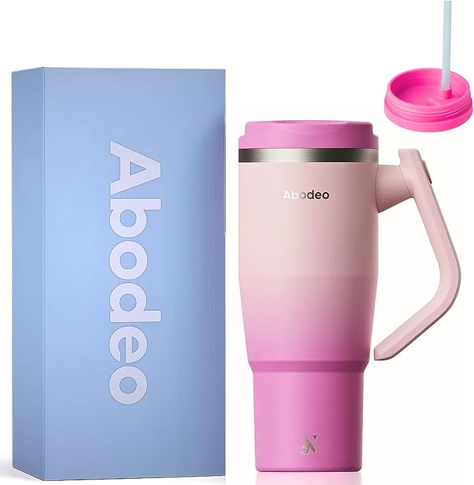 40 oz Tumbler with Straw and Leakproof Lid | Insulated Stainless Steel Tumbler | Travel Coffee Mug with Rotatable Handle | Fits Most Car Cup Holders (Dark & Light Pink)