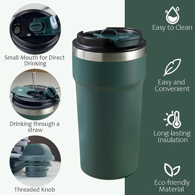 Travel coffee mugs leak-proof, reusable coffee cups with lids, stainless steel vacuum thermos coffe tumblers,thermal insulation cups for men and women hot & cold drinks (4th-Green, 16OZ)