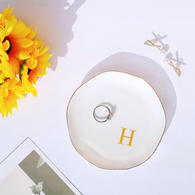 Ceramic Jewelry Tray Initial Ring Dish Personalized H-Monogrammed Engagement Wedding Gifts, for Birthday Mother's Day Christmas for Women, Ceramic White 4.75" (H)