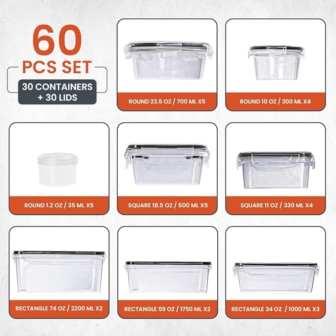 RFAQK 60 Pcs Food Storage Containers with Lids Airtight-75 OZ to 1.2 OZ (30 Containers & 30 Lids) 100% BPA-Free Clear Plastic Reusable Meal-Prep Containers for Fruit Storage