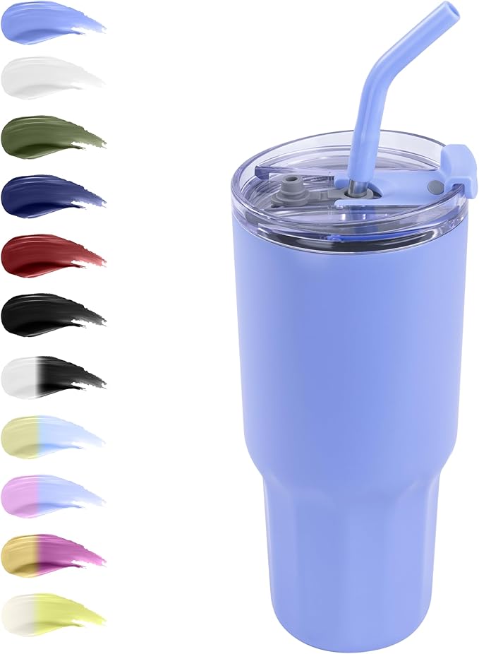 VEGOND 30 oz Insulated Stainless Steel Tumbler with lid and straw Double Wall Vacuum Travel Coffee Mug with Non-Slip Silicone Base, Sweat Proof Powder Coated Cup for Hot Cold Drinks, Blue