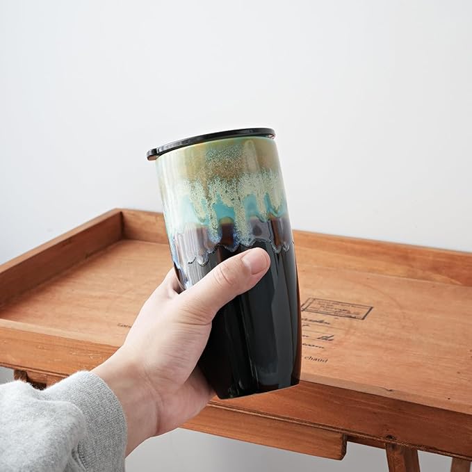Bosmarlin Ceramic Travel Coffee Mug with Lid, 21 oz, Portable Coffee Cup for Car Cup Holder, Microwave and Dishwasher Safe, Reactive Glaze