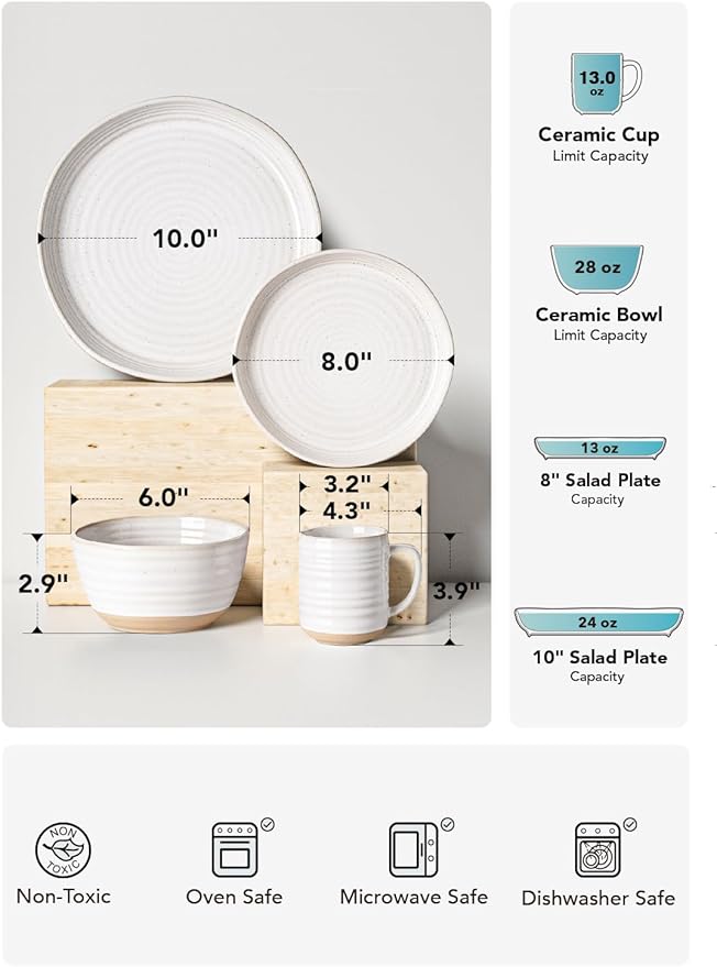 LE TAUCI Dinnerware Sets 16 PCS, Stoneware Plates and Bowls Set, House Warming Wedding Present, Serve for 4 (10" Dinner Plates + 8" Salad Dish + 28 oz Cereal Bowl+12oz coffee mugs) x 4, Arctic White
