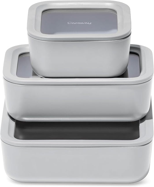 Caraway 3pc Glass Food Storage Set - 10, 6.6, & 4.4 Cup Containers - Ceramic Coated - Non-Toxic Non-Stick Lunch Box With Glass Lids - Dishwasher, Oven, & Microwave Safe - Gray