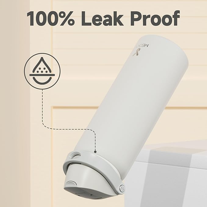 32 oz Insulated Water Bottle with Straw: Meoky Stainless Steel Metal Water Bottle with 2-in-1 Lid - Leak Proof, Cold for 24 Hours, Protective Silicone Base, BPA-Free for Sports Gym, Ivory