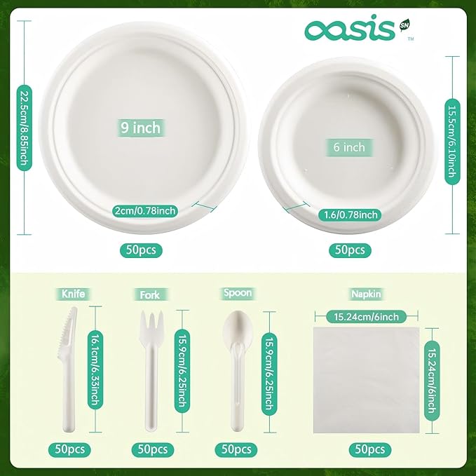 300PCS Disposable Paper Dinnerware Set for 50 Guests, Compostable 50 6“ Dessert Plates, 50 9” Plates, 50 Spoons, 50 Forks, 50 Knives and 50 Napkins, Perfect for Gatherings, Parties (White)